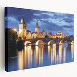 Prague skyline on large stretched canvas with soft evening colors, ideal for kitchen wall art.