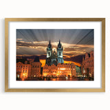 Abstract art print of a European landscape in muted earth tones, framed in gold, ideal for dining room decor.