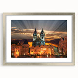 Extra large wall art of abstract Prague skyline in textured silver frame, ideal for living room decor.