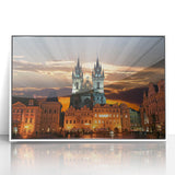 Mid-century modernist art depicting Czech Republic scenery in muted earth tones, acrylic framed, ideal for nursery wall art.