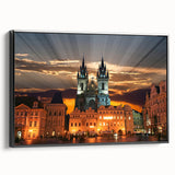 Black and white framed canvas of a vintage European landscape, ideal for bedroom wall decor.