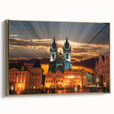 Framed canvas of a vintage-style Czech Republic landscape in black and gold, ideal for bedroom wall art.