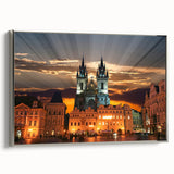 Framed canvas depicting a vintage-style landscape of the Czech Republic in colorful hues, ideal for living room decor.