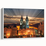 Vintage poster art of a Czech Republic scenery on extra large framed canvas, featuring colorful art on a black background.