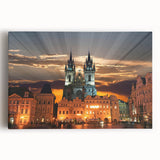 Black and white stretched canvas depicting a scenic European cityscape, ideal for kitchen wall art or bedroom ambiance.