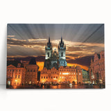 Black and white stretched canvas of a European cityscape, ideal for kitchen wall art.