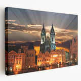 Stretched canvas depicting a scenic view of a Czech Republic landscape, in muted earth tones, ideal for kitchen wall art.