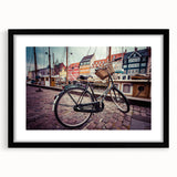 Extra large abstract art print of a colorful Danish scenery, textured style on framed black mat, ideal for living room decor.