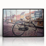 Large abstract wall art featuring a mid-century modernist depiction of a European scenery in muted colors on a framed…