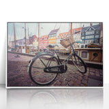 Mid-century modernist art depicting a serene Danish landscape in muted green and blue tones, acrylic print framed in white.