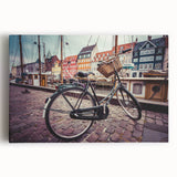 Black and white photograph of a European cityscape on stretched canvas, ideal for kitchen wall art.