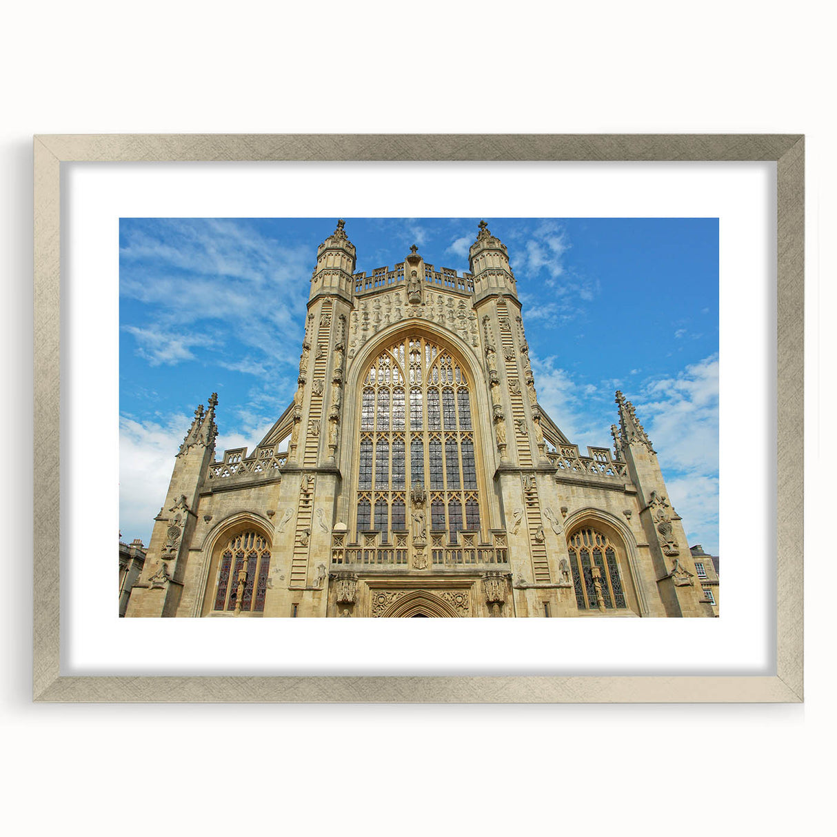 Extra large abstract art print of a European scenery in muted earth tones, framed in silver, ideal for living room decor.