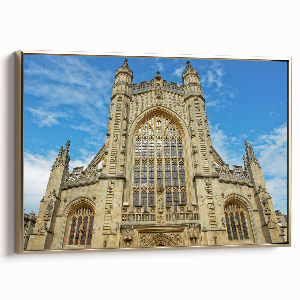 Framed canvas wall art depicting a vintage-style landscape of Bath, England, in muted gold and black tones.