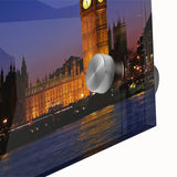 Acrylic print of Big Ben with muted earth tones in a mid-century modernist style, ideal for dining room art.