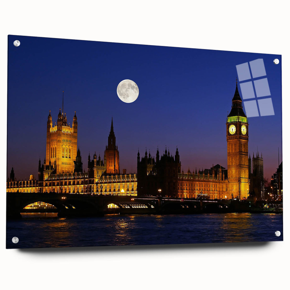 Acrylic print of the Big Ben and London cityscape, rendered in muted gray and blue tones.