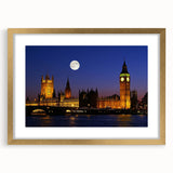 Abstract art print of Big Ben in muted gray and gold tones on a framed canvas, suitable for dining room decor.