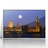 Mid-century modernist art of Big Ben, in muted gray and blue tones on framed acrylic, ideal for modern art wall decor.