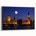 Vintage poster art of Big Ben with colorful background on black framed canvas, ideal for living room decor.