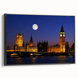 Vintage poster art of Big Ben with colorful background on black framed canvas, ideal for living room decor.
