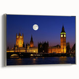 Framed canvas of Big Ben in muted black and silver tones, ideal for bedroom wall art.