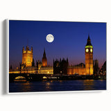 Framed canvas depicting Big Ben and London scenery in muted black and white, ideal for living room decor.