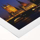 Art deco poster of Big Ben with muted gray and blue tones on rolled canvas, ideal for dining room wall art.