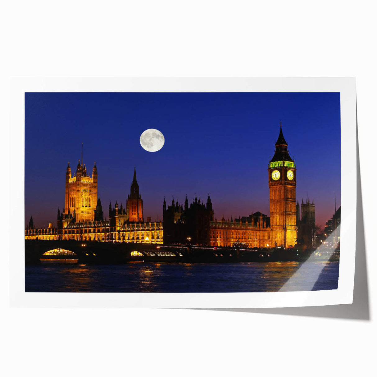 Big Ben and floral accents in muted tones on a large rolled print, suitable for dining room or bathroom wall art.