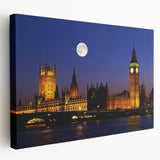 Side view of a large canvas print featuring the Big Ben and London skyline in muted watercolor tones.
