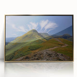 Art deco poster of Cumbria, England, in muted gold and blue tones on framed acrylic, suitable for modern art wall decor.