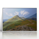 Mid-century modernist art of Cumbria, England, in a framed acrylic print with muted earth tones, ideal for nursery wall art.