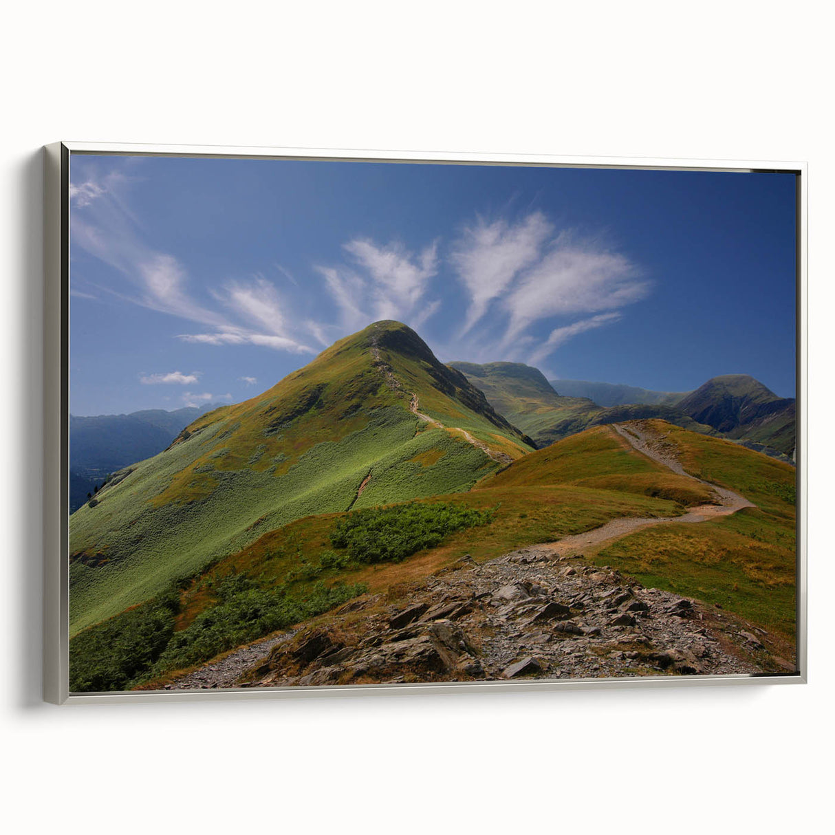 Framed canvas depicting a vintage landscape painting of Cumbria, England.