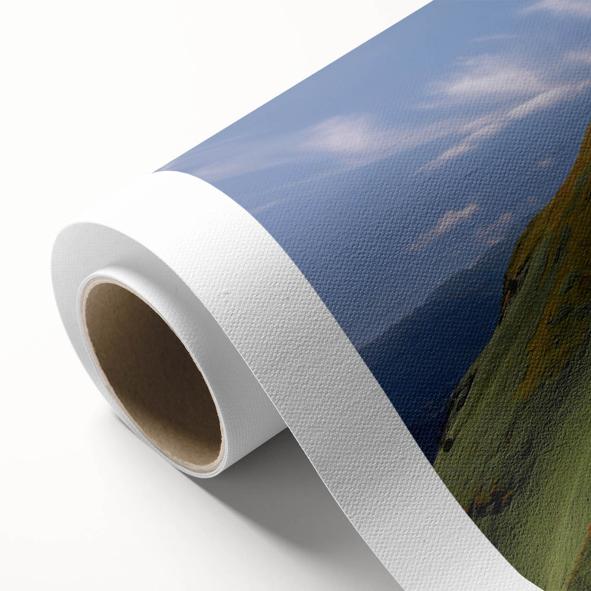 Art Deco poster of Cumbria, England scenery on rolled canvas, with muted earth tones, suitable for nursery wall art.