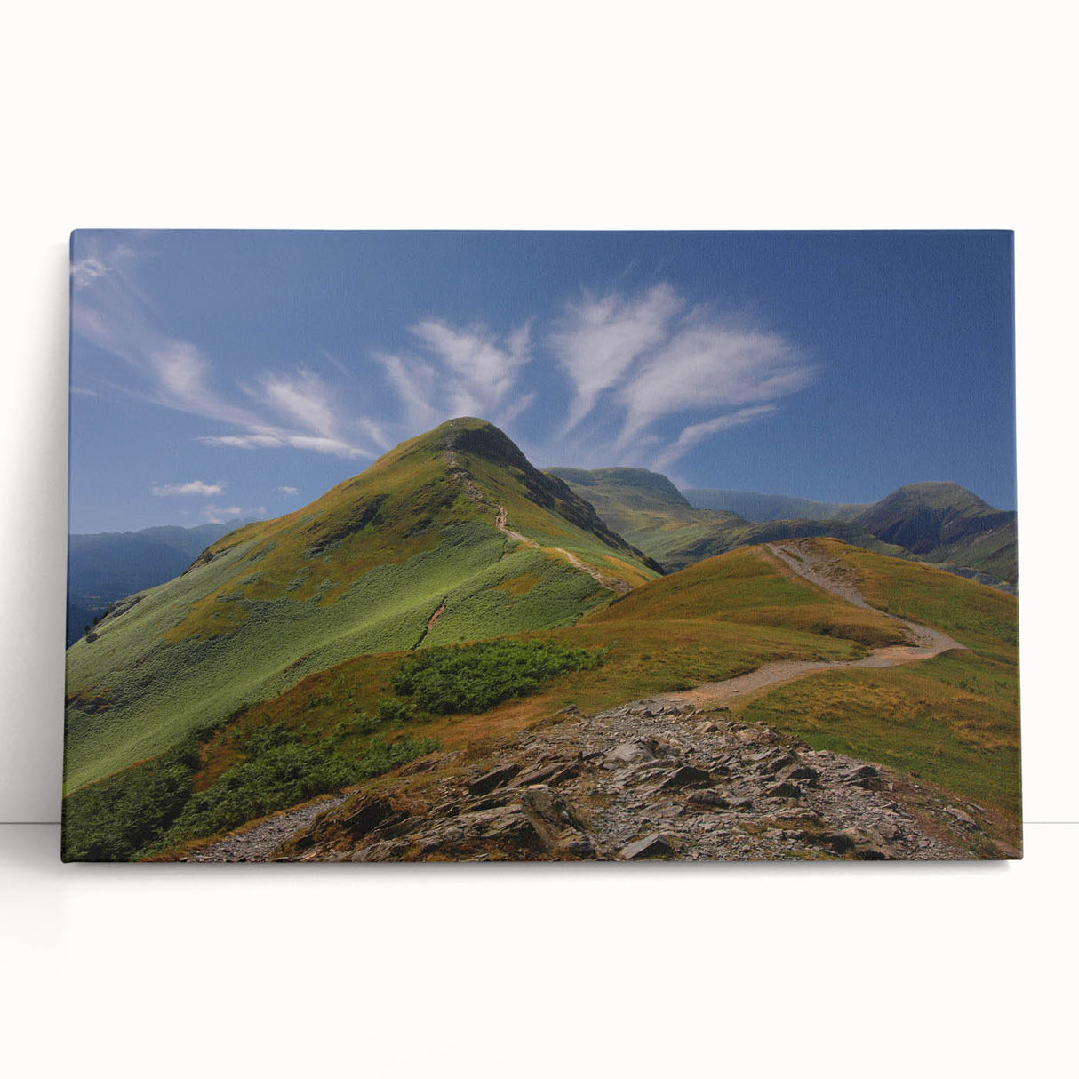 Black and white stretched canvas of Cumbria, England landscape, ideal for kitchen wall art.