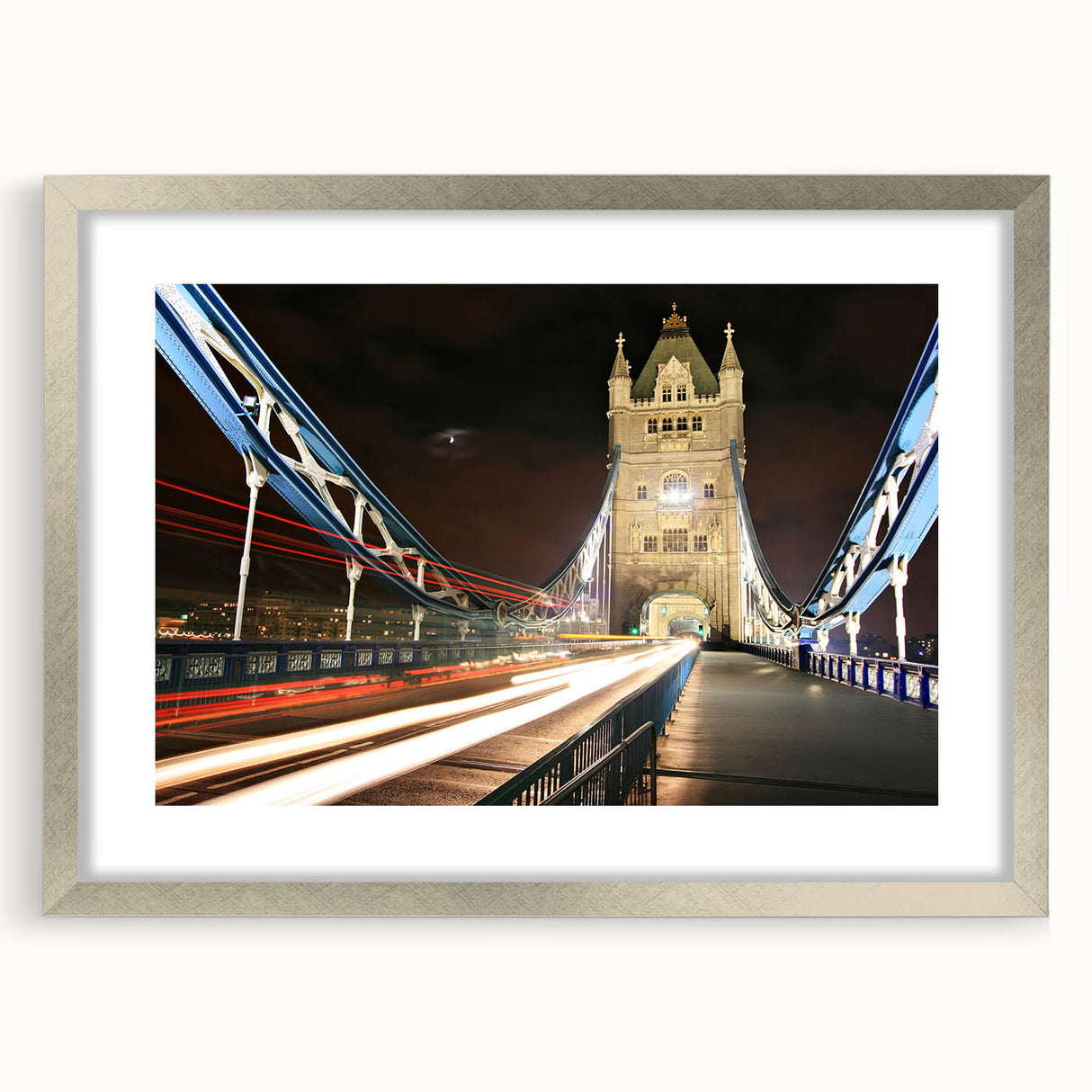 Extra large abstract art print of London scenery in muted earth tones on a textured canvas, framed in silver.