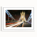Textured abstract art print of London scenery in muted grays and blues, framed with a white mat, ideal for bedroom art.
