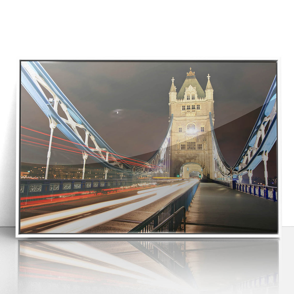 Mid-century modernist art depicting London skyline in muted gray and blue tones on framed acrylic.