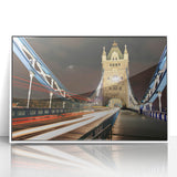 Mid-century modernist art depicting London skyline in muted gray and blue tones on framed acrylic.