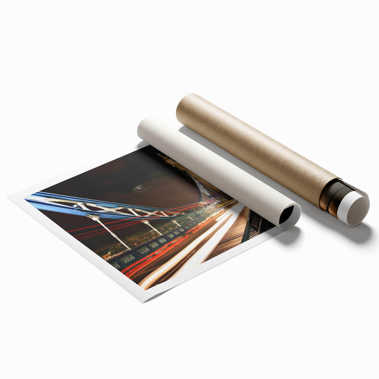 Rolled print of London skyline with floral accents in soft pastel shades, suitable for classy bathroom wall art.