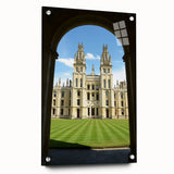 Acrylic print of Oxford scenery with soft blue and green hues, ideal for dining room decor.