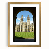 Abstract art print of Oxford scenery in muted earth tones, framed in gold, suitable for dining room decor.