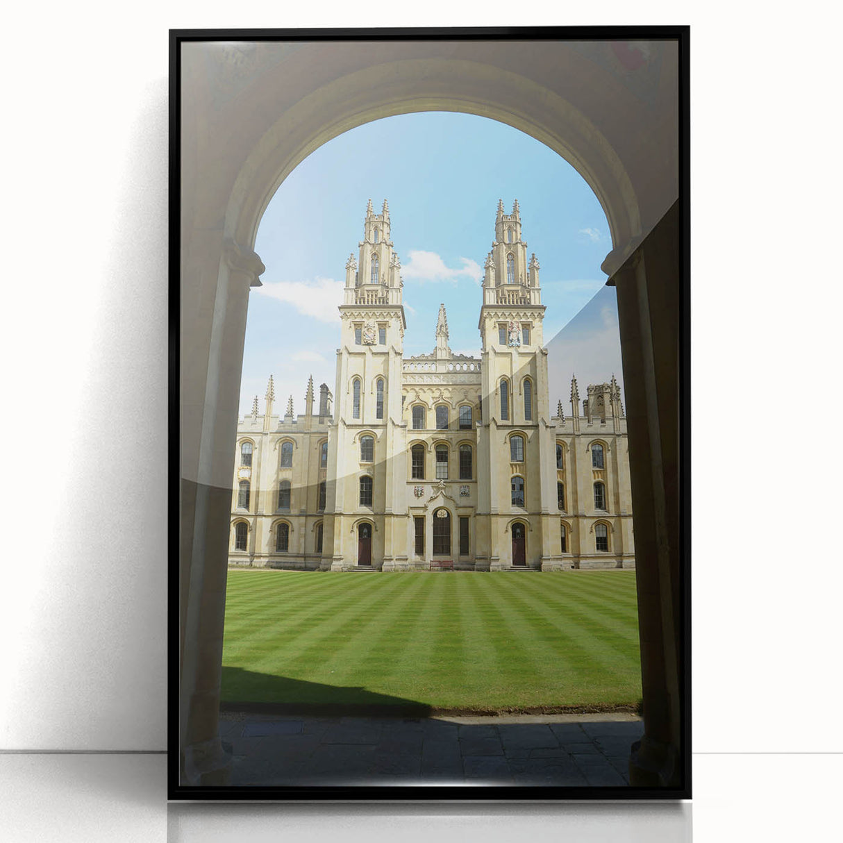 Large abstract wall art depicting a vibrant European Oxford scenery in mid-century modernist style on a framed acrylic panel.