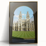 Art Deco-style poster of Oxford scenery with gold acrylic frame, in muted earth tones, ideal for modern art wall decor.