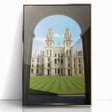 Large art print of Oxford scenery in muted earth tones on a silver-framed acrylic, suitable for modern art wall decor.
