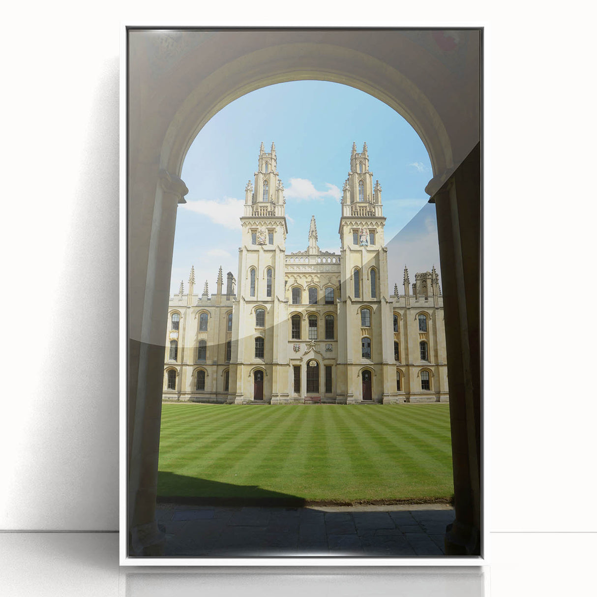Mid-century modernist art depicting Oxford scenery in muted earth tones on a framed acrylic, suitable for nursery wall decor.