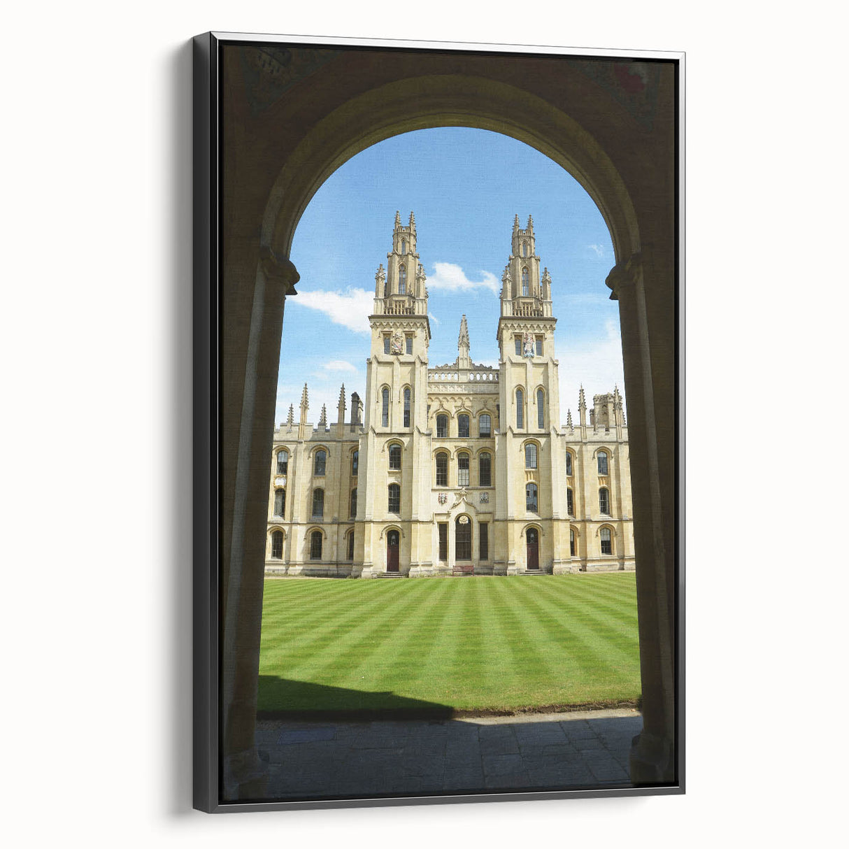 Black and white vintage poster art of Oxford landscape on framed canvas, suitable for bedroom decor.