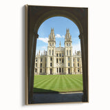 Framed canvas depicting a serene Oxford landscape in muted earth tones, ideal for bedroom wall art.