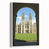 Vintage poster art of Oxford scenery on framed canvas, featuring colorful art in extra large size, ideal for living room.