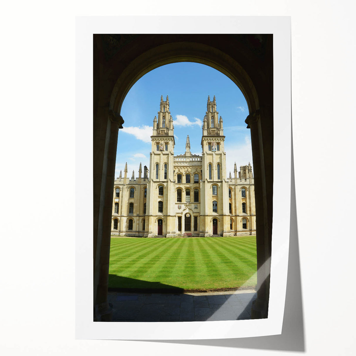 Oxford cityscape in muted watercolor tones on a large rolled canvas, suitable for dining room decor.