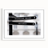 Textured art print of Piccadilly, England in abstract style with muted colors on a framed white mat, ideal for bedroom art.