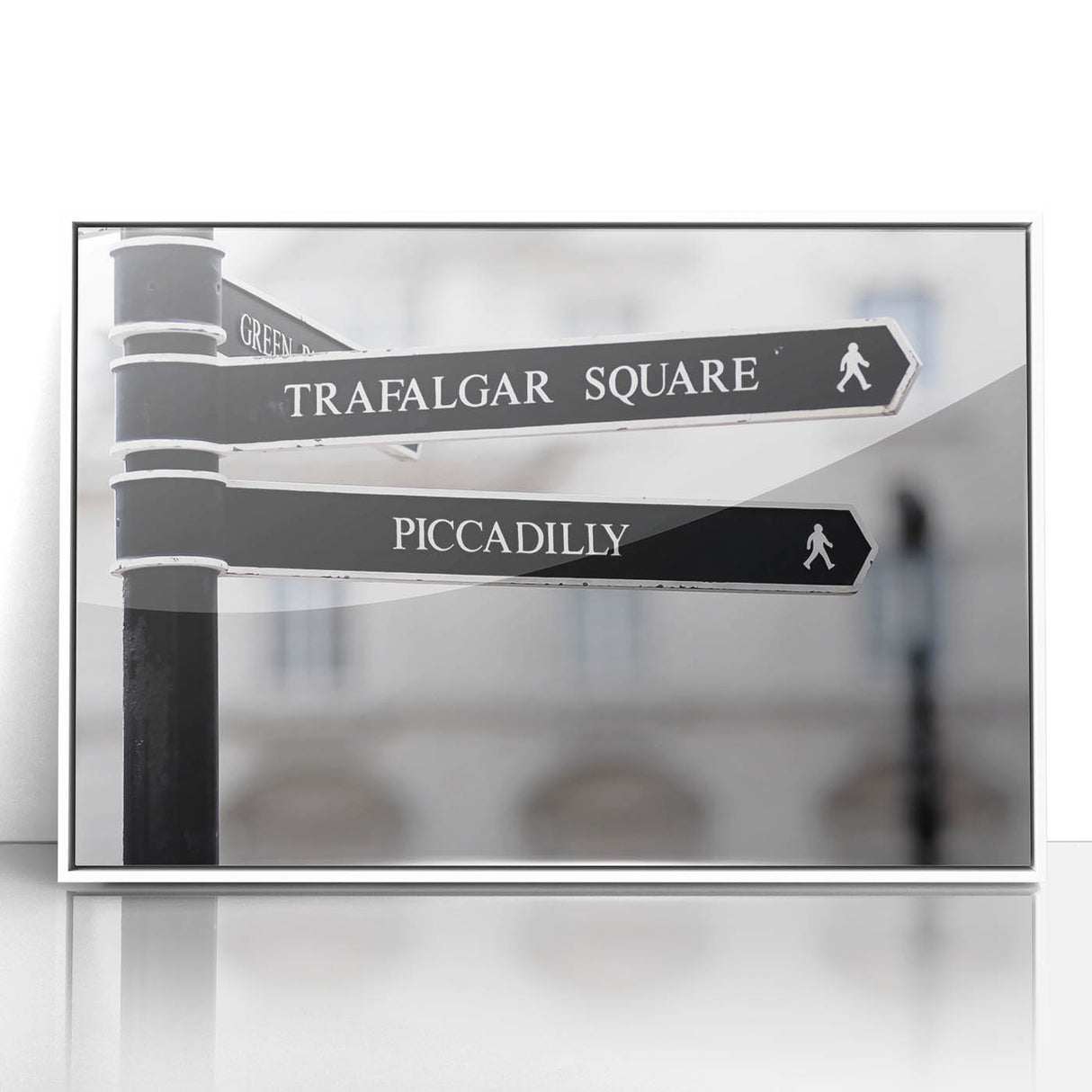 Mid-century modernist art of Piccadilly, England in muted colors on a framed acrylic, ideal for nursery wall art.